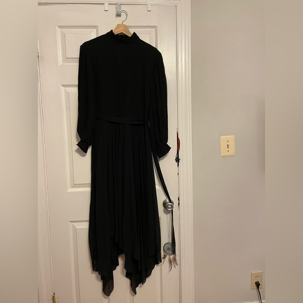 & Other Stories belted High Low black midi dress with keyhole back high neck